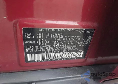 2013 Subaru Outback 2.5I Premium from USA, damaged, VIN 4S4BRCGC8D3202892